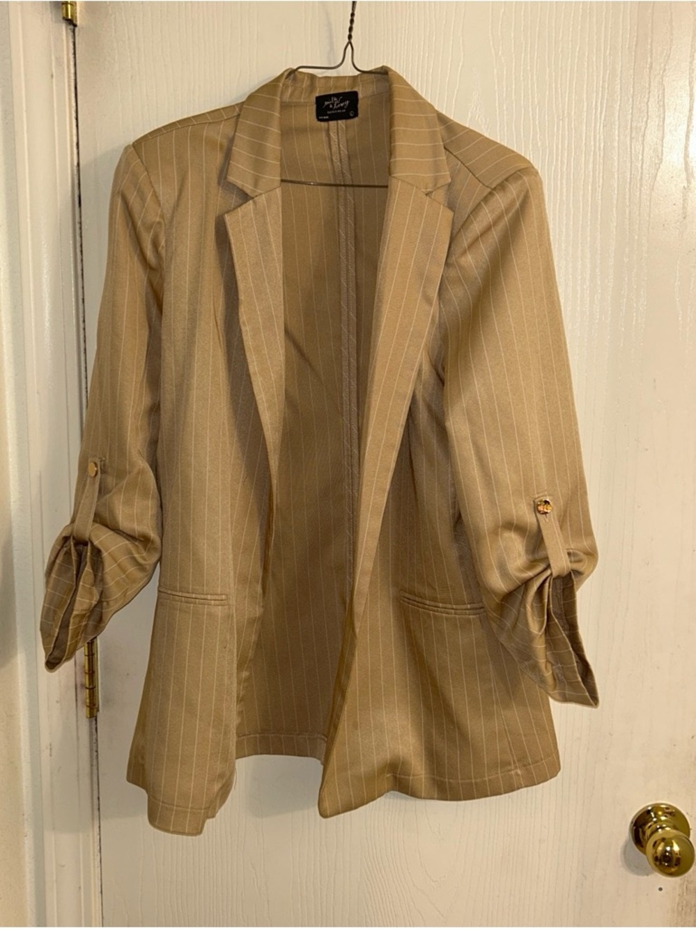 Tan Pinstripe Open-Front Blazer with Rolled Tab Sleeves
